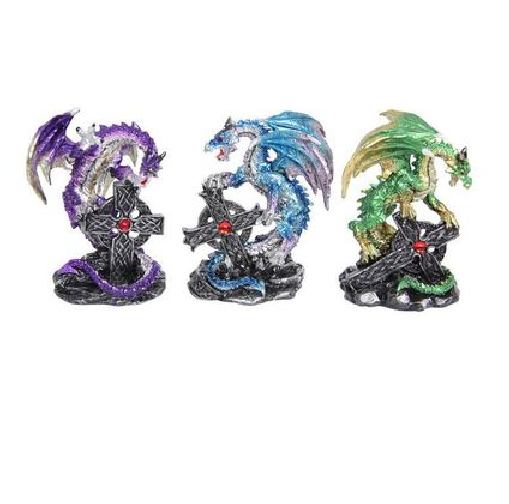 Realistic hand-painted dragon ornaments on Celtic cross, set of three, each measuring 9cm, perfect for unique decor.