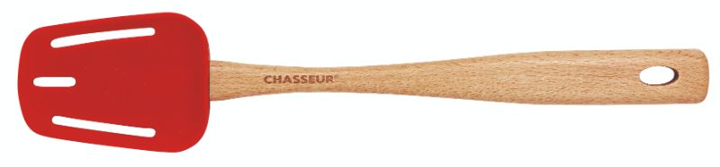 Chasseur red slotted spoon with silicone head and ergonomic wood handle, perfect for stirring without scratching cookware.