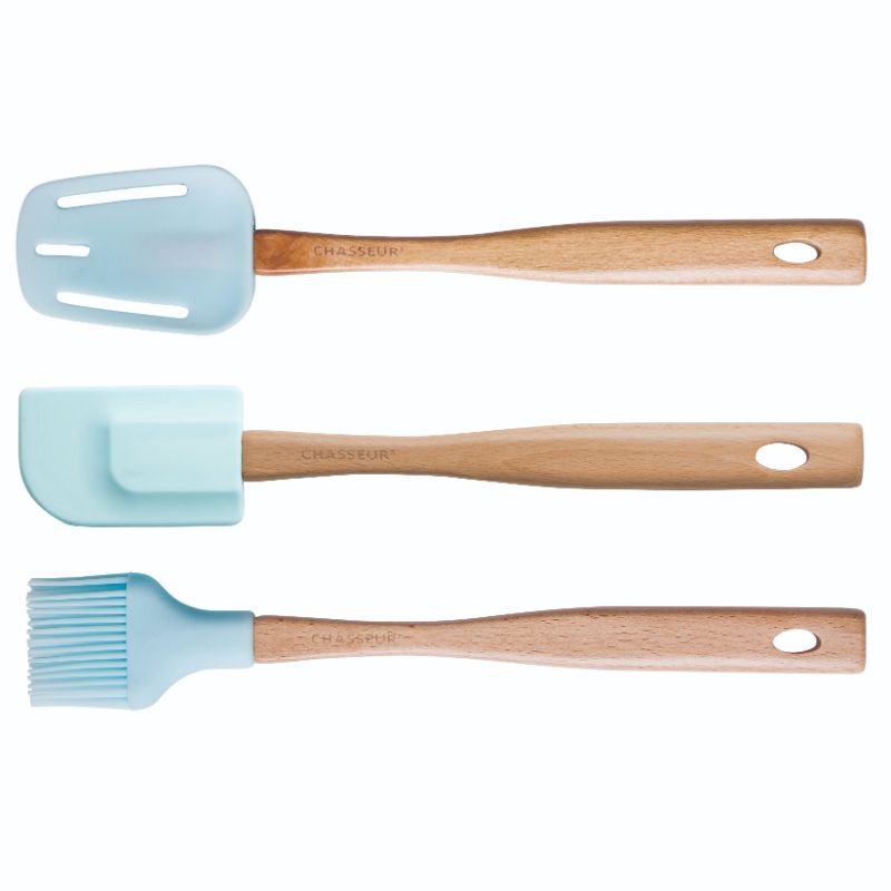 Duck Egg Blue silicone spatula brush spoon set with beech wood handles for scratch-free cooking and stylish kitchen decor.