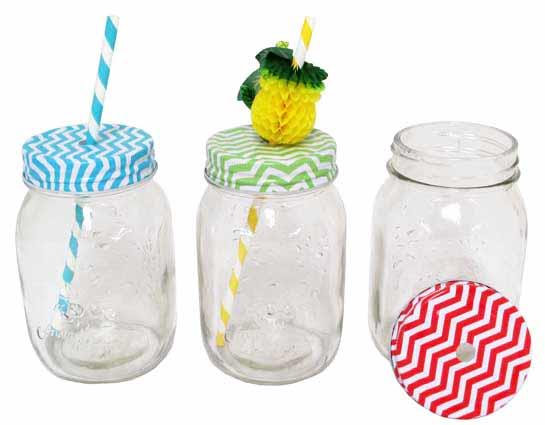 Set of 3 stylish glass beverage jars with chevron lids, perfect for drinks, desserts, and portion control.
