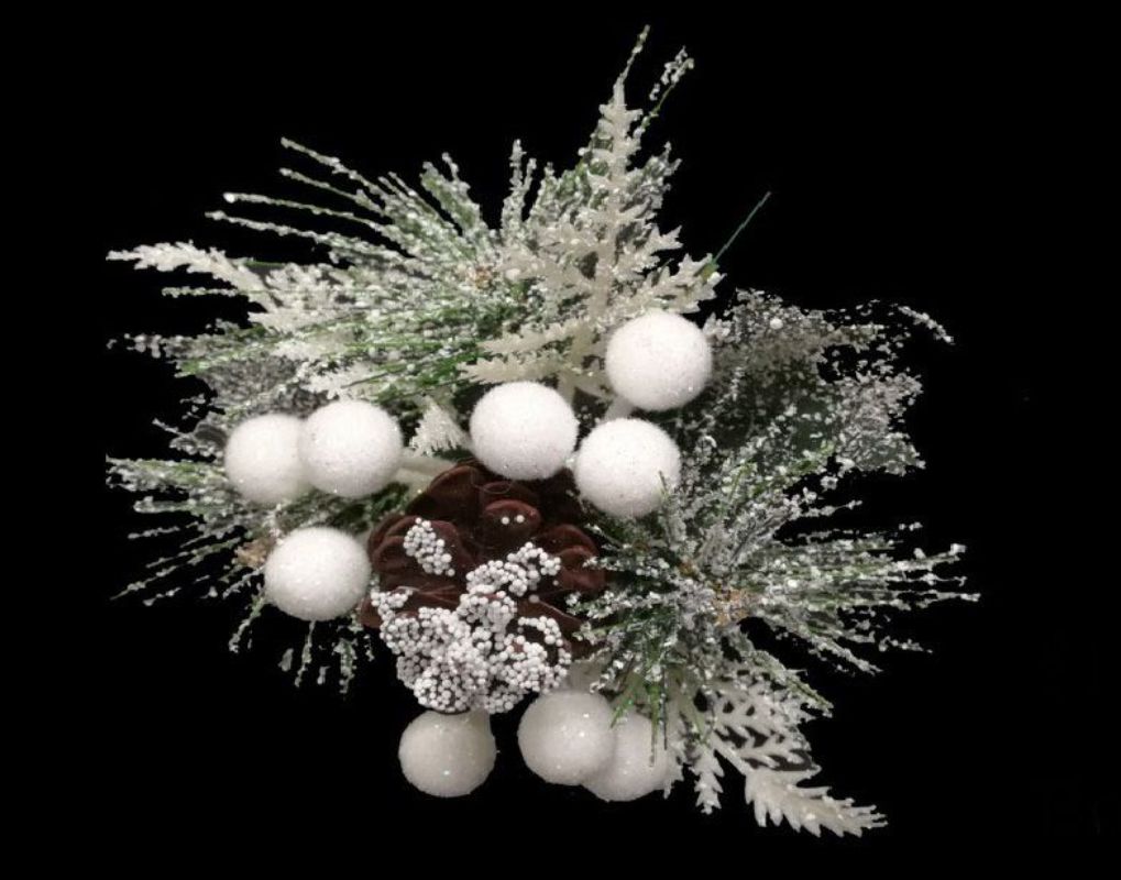 Snowy Pine Pick featuring a pine cone and white berries, perfect for holiday decor and winter arrangements.