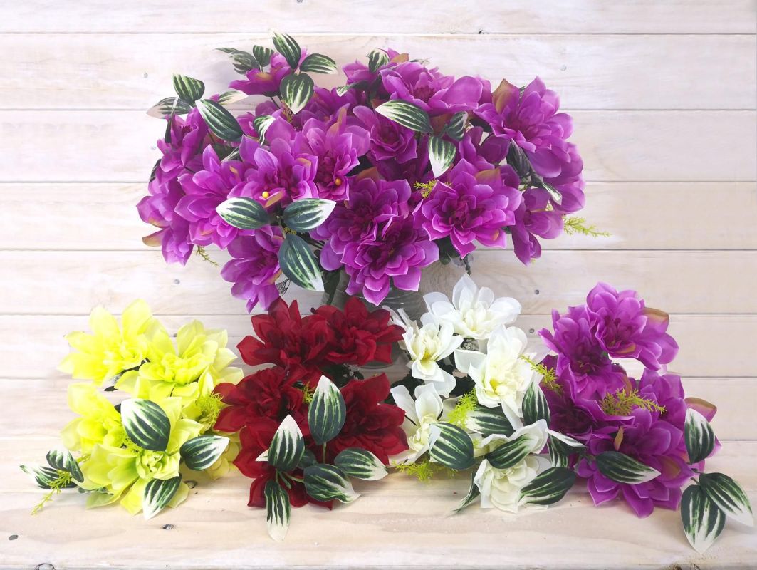 Vibrant artificial dahlia bush with greenery, ideal for home decor, centerpieces, and events—wholesale pack of 48 units.