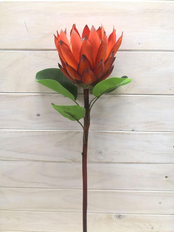 Vibrant orange Artificial Protea flower, perfect for indoor and outdoor decor with lifelike petals and realistic foliage.