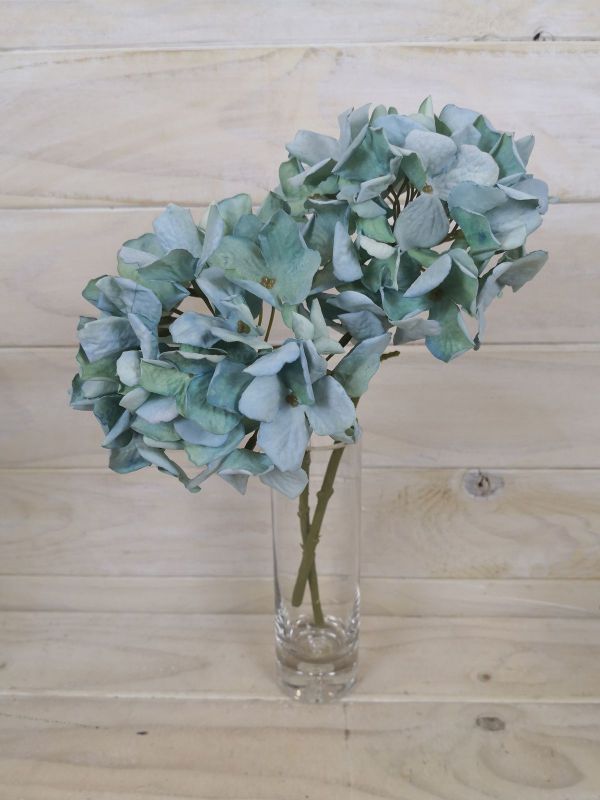 Teal artificial hydrangea cut stem, 33cm long, perfect for elegant home decor and floral arrangements without maintenance.