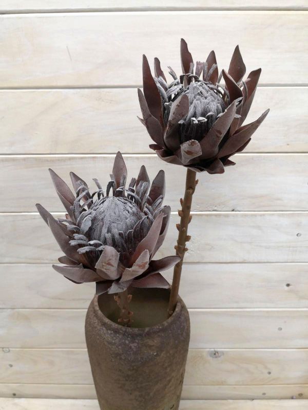 Lifelike small artificial King protea in coffee color, 48 cm long, perfect for stylish home decor and floral arrangements.