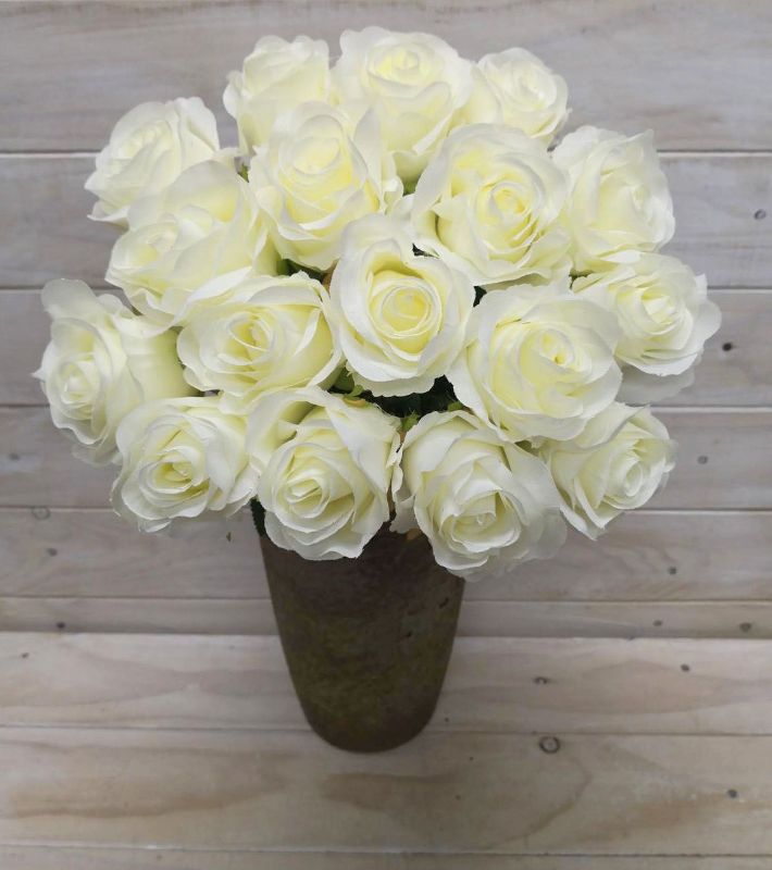 Artificial cream rose bud bush with 18 lifelike heads, ideal for elegant home or office decor without maintenance.