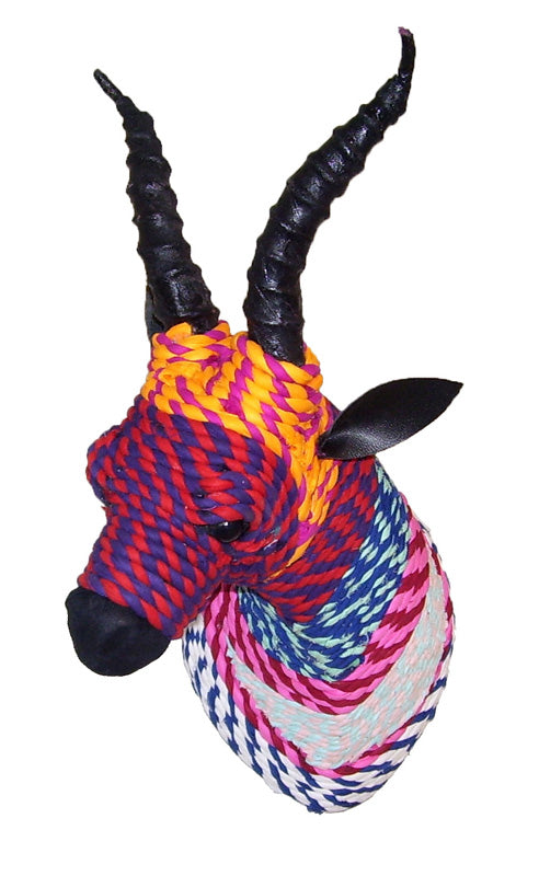 Unique handmade Impala Wall Hanging Chindi Trophy in vibrant colors, crafted from recycled paper and cotton.