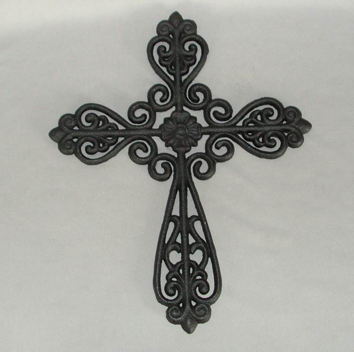 Elegant black cast iron cross wall hanging, 26 x 33cm, perfect for indoor and outdoor decor, blending style and durability.