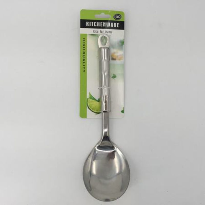 Set of 12 stainless steel cooking spoons with ergonomic design, perfect for stirring, serving, and mixing dishes.