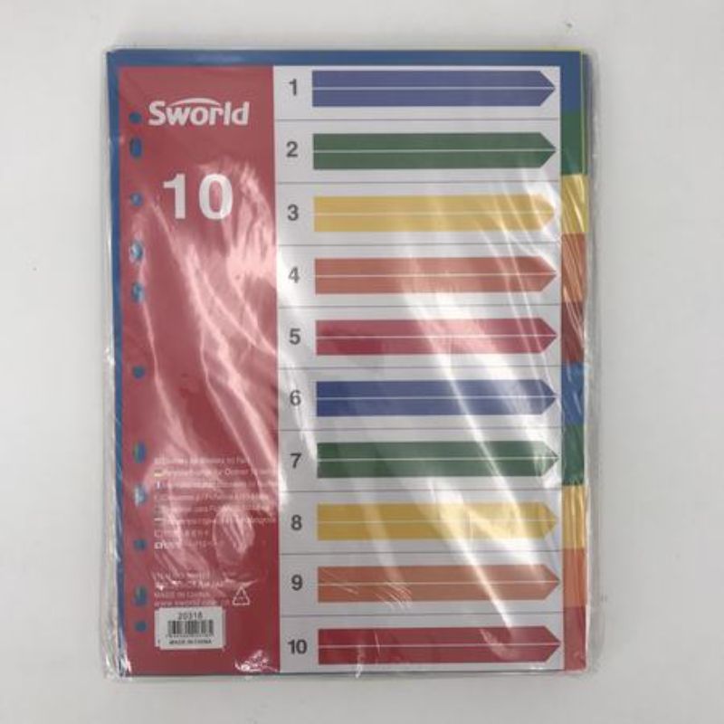 Ten durable file dividers with clear tabs for easy categorization and organization of documents at home, school, or office.