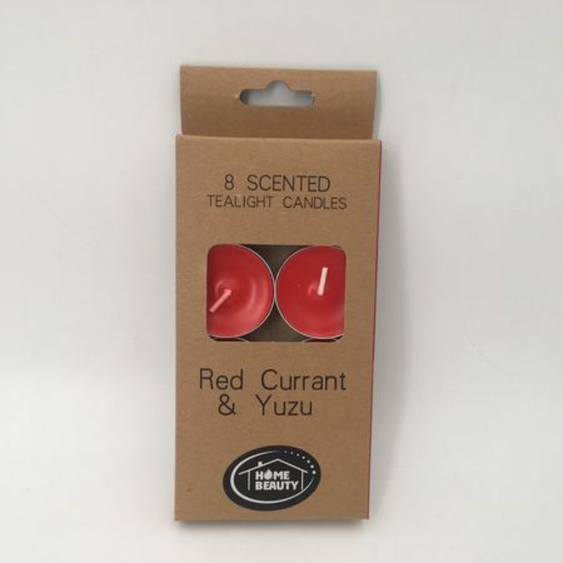 Set of 96 tealight candles in red, featuring a refreshing red currant and yuzu scent for ambiance and relaxation.