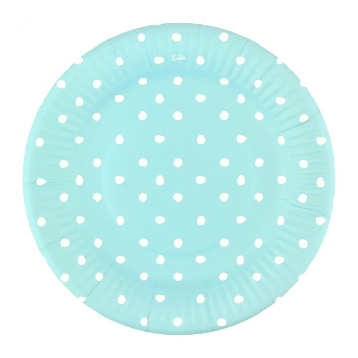 Light blue polka dot paper plates, 9 inches, pack of 8, perfect for parties and easy cleanup at gatherings.