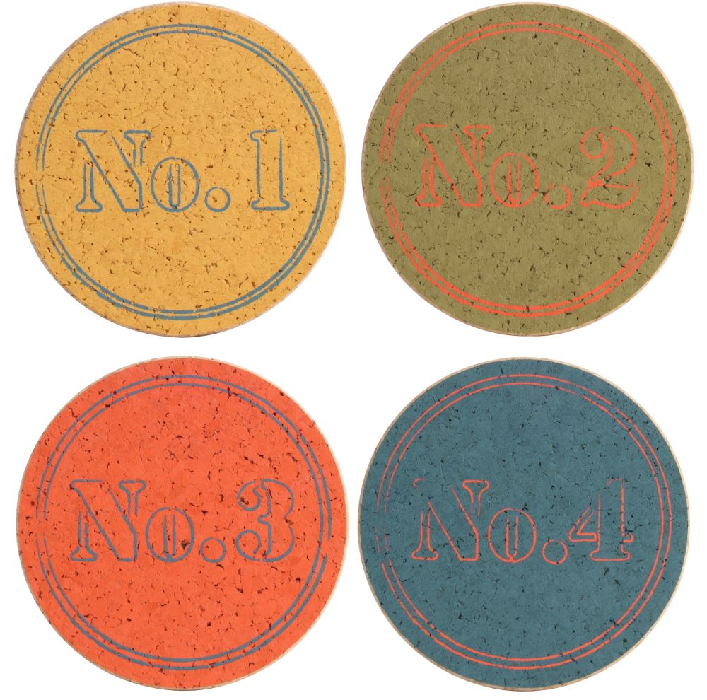 Set of 4 eco-friendly cork coasters with numbered designs, perfect for protecting surfaces and enhancing home decor.