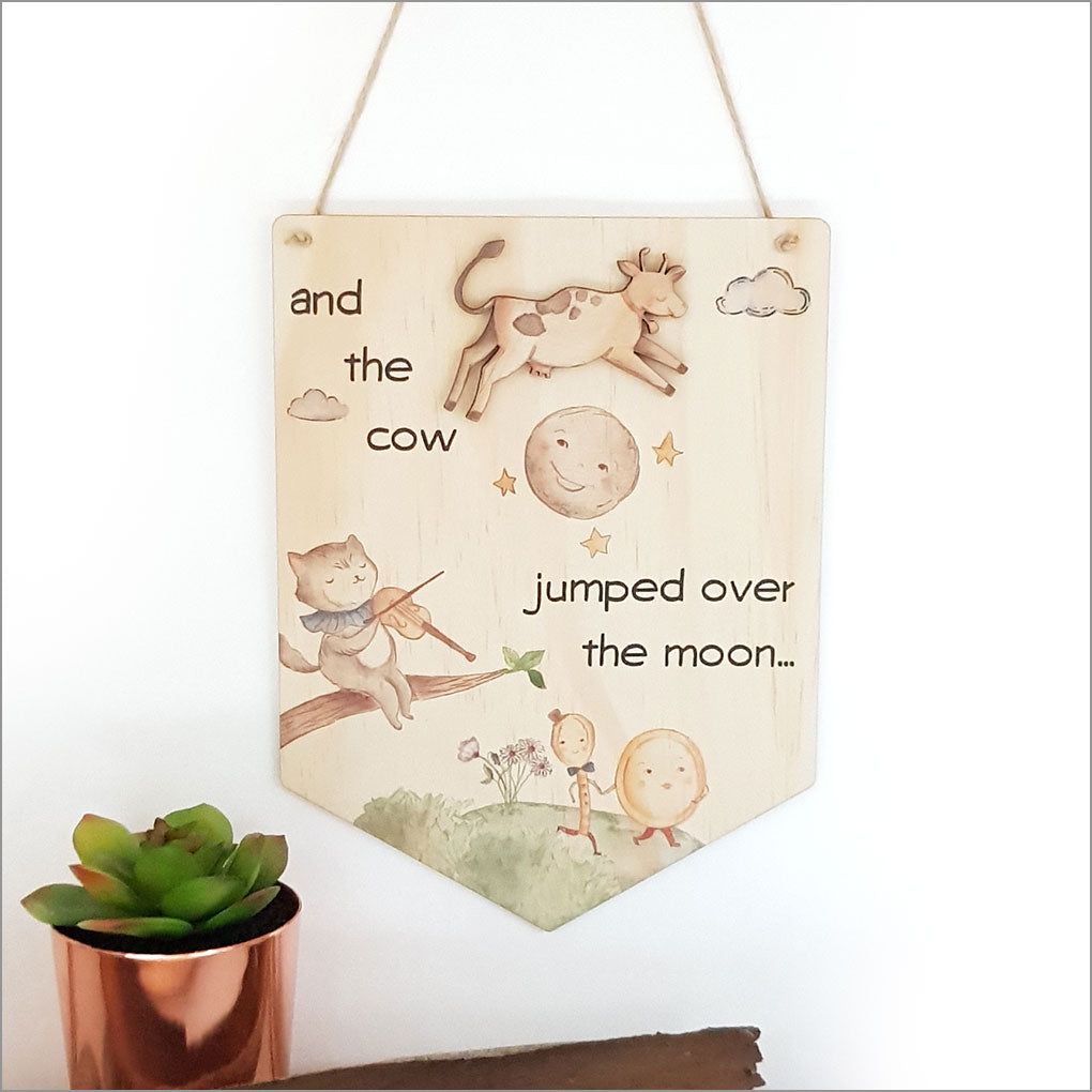 Vibrant wall art on eco-friendly pine veneer, showcasing a whimsical "Over the Moon" design; perfect for any room.