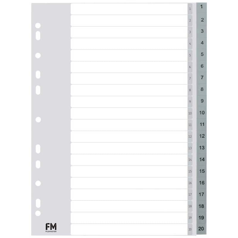 Durable grey polypropylene index with 20 pockets for A4 documents, waterproof and wipe clean for efficient organization.