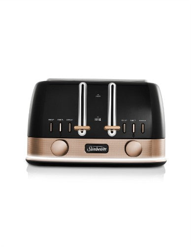 Sunbeam 4 Slice Toaster in black bronze, featuring QuickCheck, 9 browning settings, and stylish design for modern kitchens.