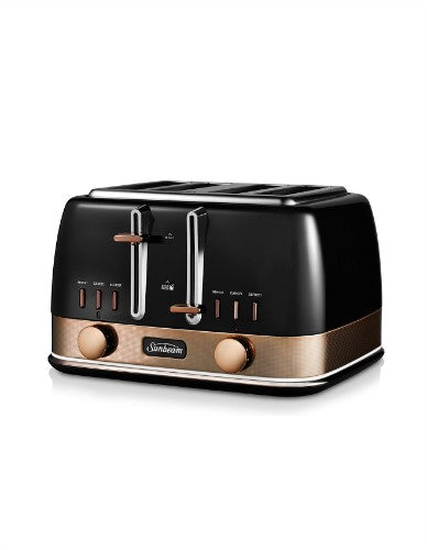 Sunbeam 4 Slice Toaster in black bronze with QuickCheck, 9 browning settings, and defrost/reheat functions for perfect toast.