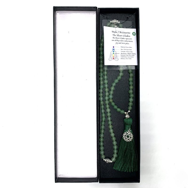 Mala beads made of Aventurine with Heart Chakra charm, 70cm long, enhancing meditation and emotional healing.