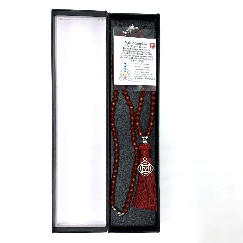 Mala Beads - 70cm Carnelian necklace with Root Chakra charm for meditation and spiritual healing.