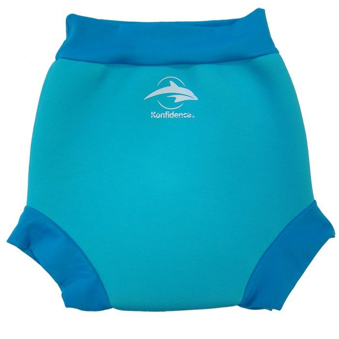 Neoprene swim nappy in blue for babies 4-7kg, featuring double-layer system for leak protection during pool fun.