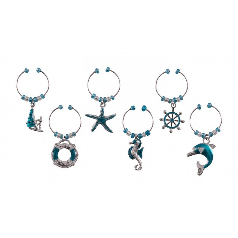 Set of 6 colorful nautical wine charms featuring anchors, sailboats, and starfish to personalize your drinks at gatherings.