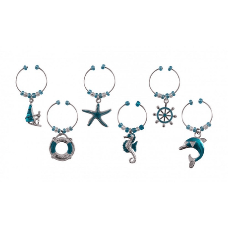 Set of 6 colorful nautical wine charms featuring anchors, sailboats, and starfish to personalize your drinks at gatherings.