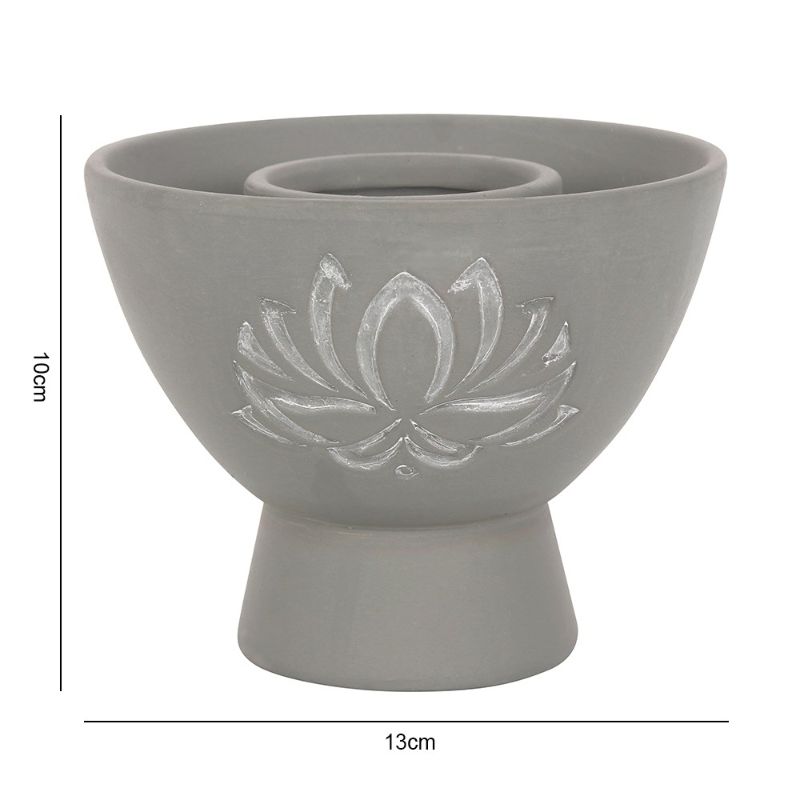 Lotus Grey Terracotta Smudge Bowl with intricate lotus design, ideal for burning herbs or as a decorative catch-all.