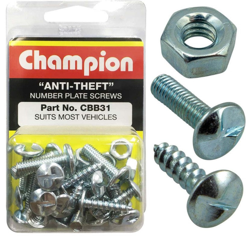 Anti-theft number plate screws with one-way design, zinc-plated for corrosion resistance, 30 pieces for vehicle security.