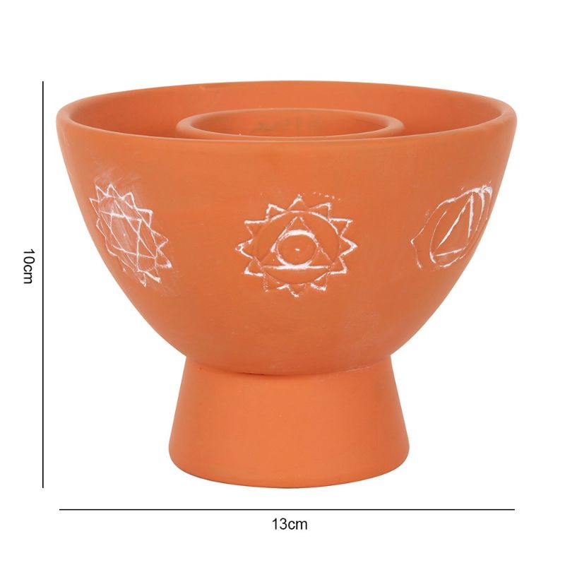 Chakra terracotta smudge bowl in natural finish, featuring elegant white design; perfect for burning sage and enhancing spiritual practices.