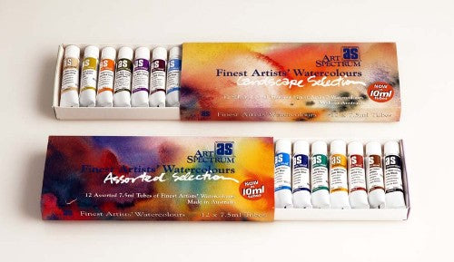 Assorted watercolour paint set of 12 x 10ml tubes, featuring highly pigmented colours for vibrant artwork and blending.
