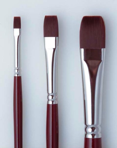 Long-handled synthetic brush with deep red fibers for precise control in oil and acrylic painting. Ideal for detailed work.