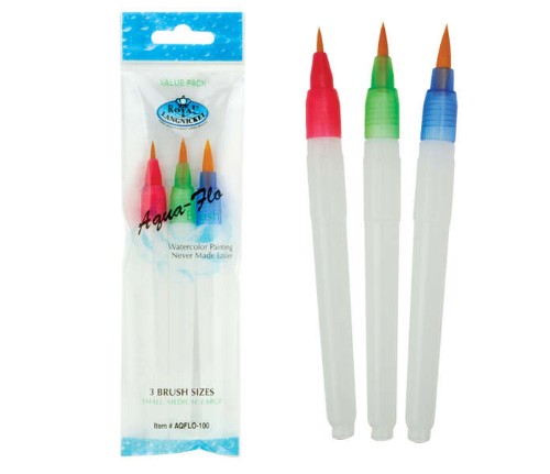 Aqua Flow Brush Set with clear handles, water storage, and three tip sizes for seamless watercolor painting.