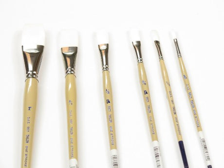 Flat 1/4" artist brush with White Taklon filaments, ideal for precision in watercolor, acrylic, and gouache painting.
