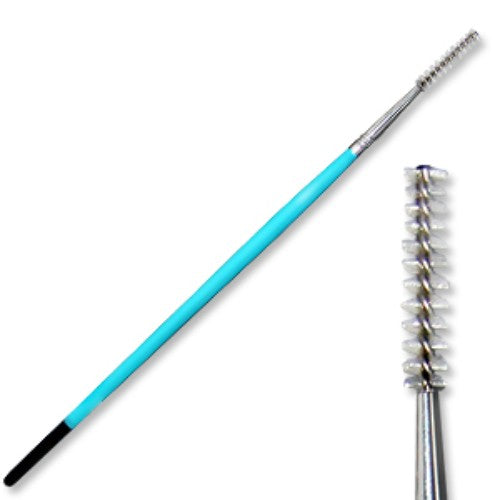 Compact spoolie brush with soft bristles for precise brow and lash grooming, ideal for on-the-go makeup application.