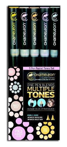 Chameleon 5-Pen Pastel Tones Set featuring double-ended markers with soft brush and bullet nibs for vibrant blending and shading.