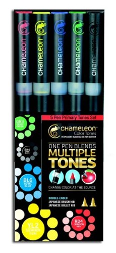 Chameleon 5-Pen Primary Tones Set with refillable markers for vibrant blending, featuring a soft brush nib and fine bullet nib.