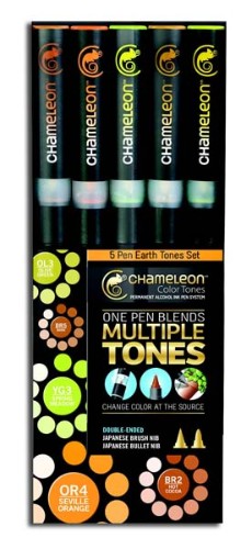 Chameleon 5-Pen Earth Tones Set showcases versatile markers with double-ended design for seamless blending and vibrant color transitions.