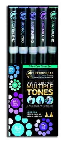 Chameleon 5-Pen Cool Tones Set with double-ended markers for seamless blending and 100+ color tones created from just 5 pens.