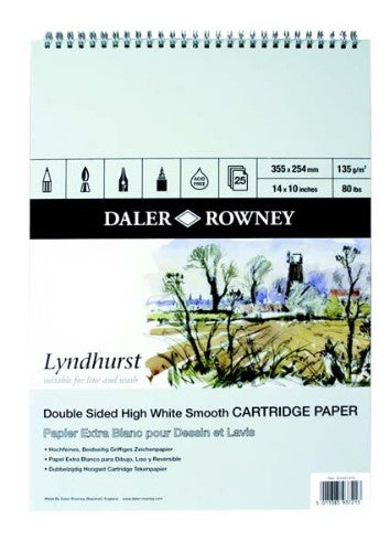 Lyndhurst Spiral Sketch Pad 14x10, 25 sheets of 135gsm double-sided cartridge paper for versatile drawing and sketching.