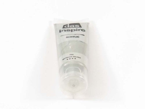 75ml tube of Das Inspire Metallic Silver acrylic paint, perfect for artists needing a shimmering finish for various surfaces.