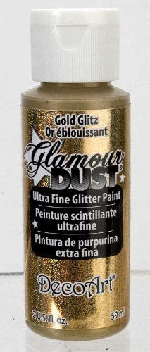 Ultra-fine gold glitter paint in a 2oz bottle, perfect for adding shimmering sparkle to crafts and home decor projects.