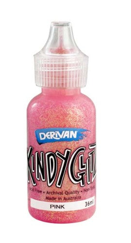 Pink glitter glue kit by Derivan Kindy Glitz, featuring five non-toxic, acid-free 36ml bottles for craft projects.