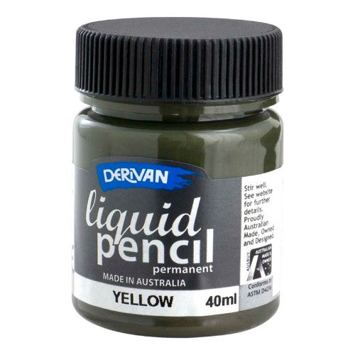 Permanent Yellow Derivan Liquid Pencil in a 40ml bottle, ideal for creating graphite effects and versatile sketches.