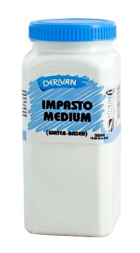 Heavy-bodied Derivan 500ml Impasto Medium for 3D textures in oil painting, enhancing colors without altering vibrancy.
