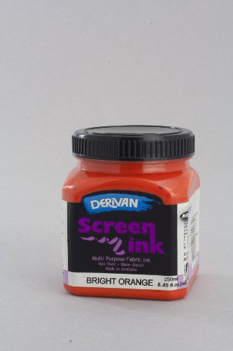 Bright orange 250ml Derivan Screen Ink, safe for fabric printing and tie-dye, non-toxic and water-based for easy cleanup.
