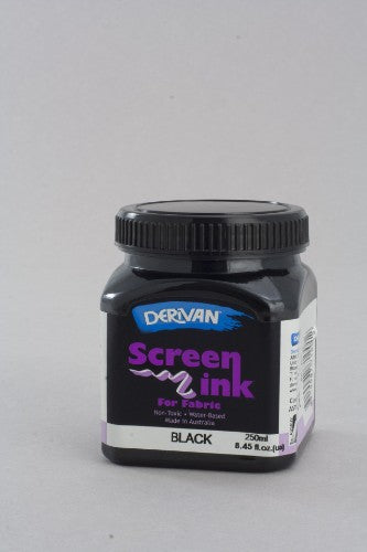 250ml bottle of Derivan Screen Ink in black for fabric printing, non-toxic, water-based, safe for all ages and eco-friendly.