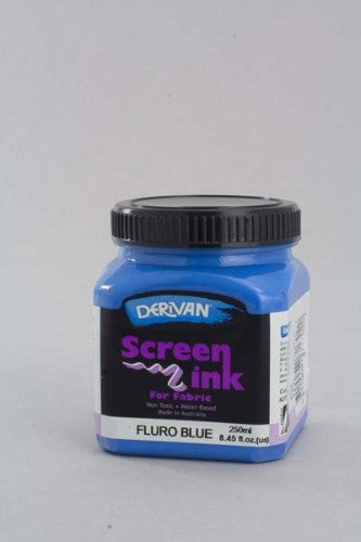 Vibrant 250ml Fluorescent Blue Derivan Screen Ink, non-toxic and water-based, perfect for fabric projects and tie-dyeing.