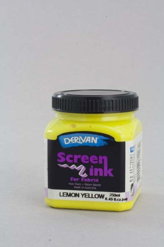 Vibrant 250ml Lemon Yellow Derivan Screen Ink for safe silk screen printing, ideal for fabric and craft projects. Non-toxic and easy to clean.