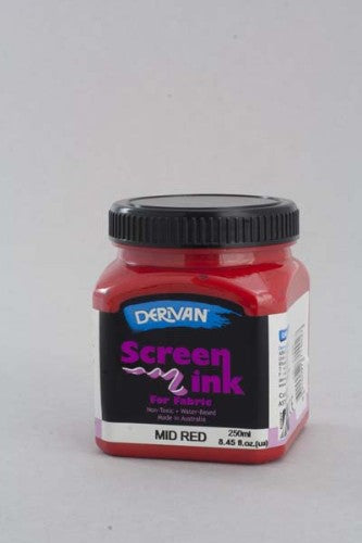 Vibrant Derivan Mid Red screen ink in 250ml, ideal for safe silk screen printing on fabric and tie-dye projects.