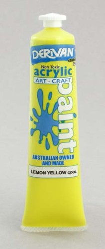Acrylic paint tube in vibrant lemon yellow, ideal for versatile techniques and color mixing in various art projects.